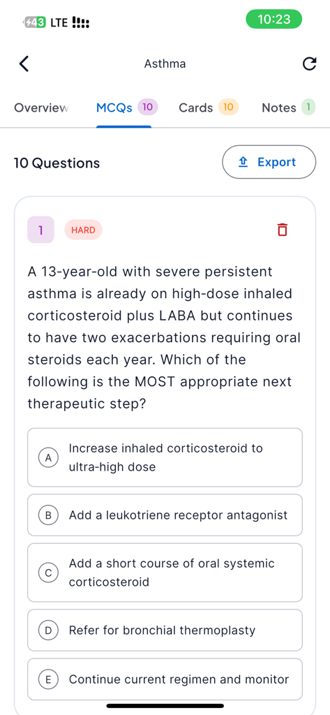 MEDGPTx - Pregunta de opción múltiple médica sobre el tratamiento del asma en la aplicación de estudio MEDGPTx.