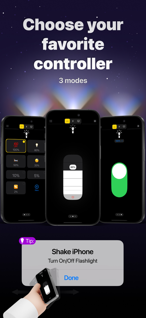 Smart Torch MultiTool - Trois interfaces de contrôle de lampe de poche différentes et une fonctionnalité de secouer pour allumer dans l'application Smart Torch MultiTool