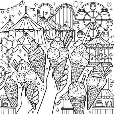Dive into a delicious carnival scene with this detailed coloring page featuring an array of tempting ice cream cones. Enjoy the excitement of the fairground as you bring this sweet celebration to life with your favorite colors.