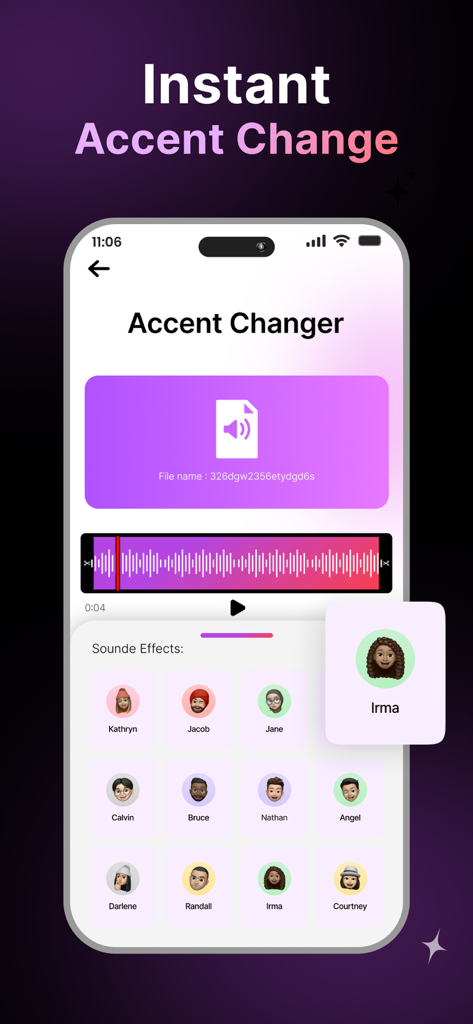 Murf AI app screen showing the accent changer feature with various AI voice profiles and an audio waveform.
