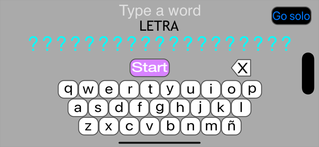 Letra word game screen showing a virtual keyboard and question mark placeholders for typing a word