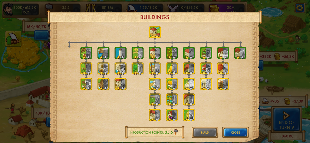 A menu screen from Marble Age Remastered showing a detailed building progression tree for an ancient Greek city