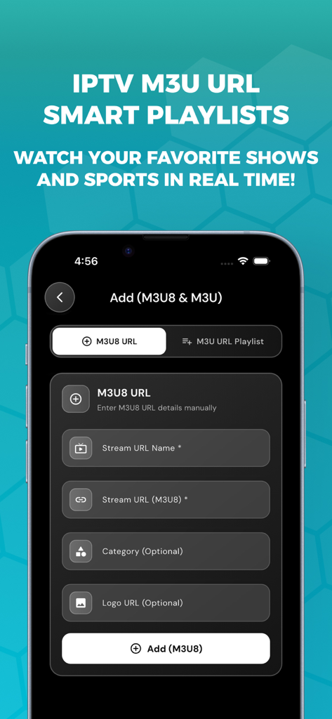 Interfaccia dell'app Buffstreams per l'aggiunta di URL di playlist IPTV M3U8 e M3U