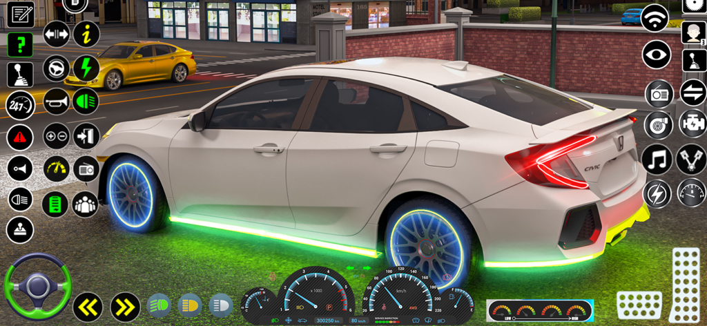 Real Car Driving 3D Car Games - Ein weißes Auto mit grüner Neon-Unterbodenbeleuchtung und einer detaillierten Armaturenbrett-Oberfläche in einem Fahrsimulationsspiel.
