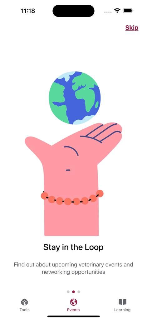 Vetool - Onboarding screen of Vetool app showcasing the veterinary events and networking feature