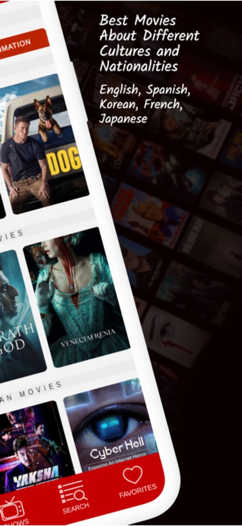 Primeflix Plus Movies & Tv - App interface showing a selection of international movies from various cultures and languages.