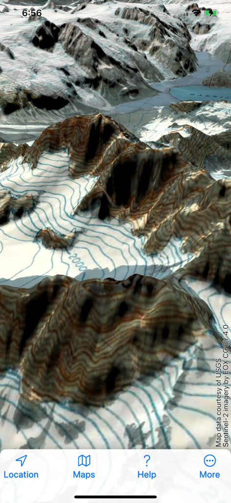 Topo Maps 2 - A 3D topographical map showing snow covered mountain peaks with contour lines in the Topo Maps 2 app