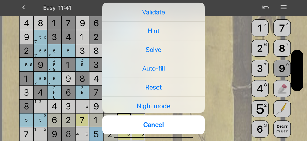 Sudoku Premium - Gameplay screen of Sudoku Premium showing the in-game options menu including hints and night mode over a puzzle grid