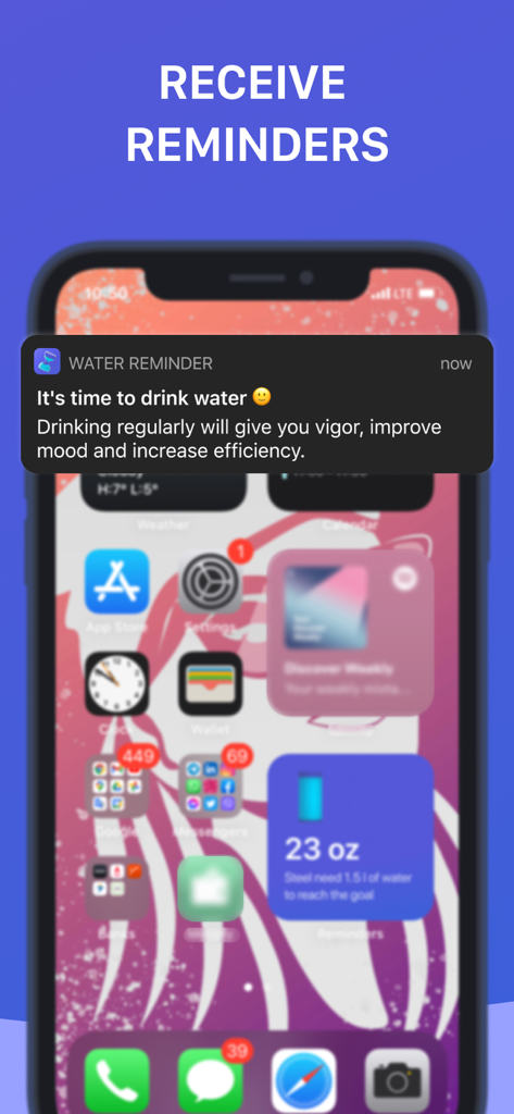 Water Reminder: Daily Tracker - Notificação de smartphone lembrando o usuário de beber água