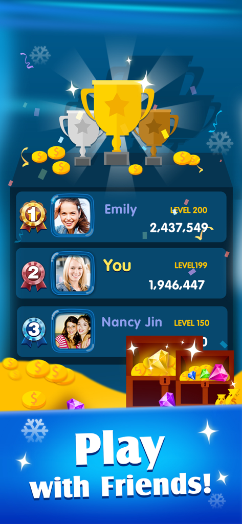 A leaderboard in the Merge Frenzy app showing friends rankings with trophies and jewel rewards.
