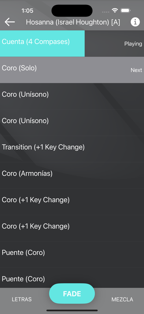 AdoraMúsica - AdoraMúsica app interface showing live song sections and arrangement for a worship track