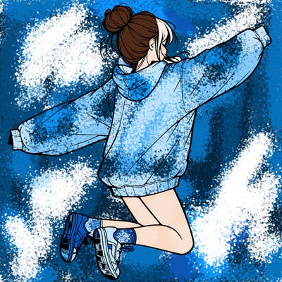realistic girl jumping with a bun and oversized sweatshirt