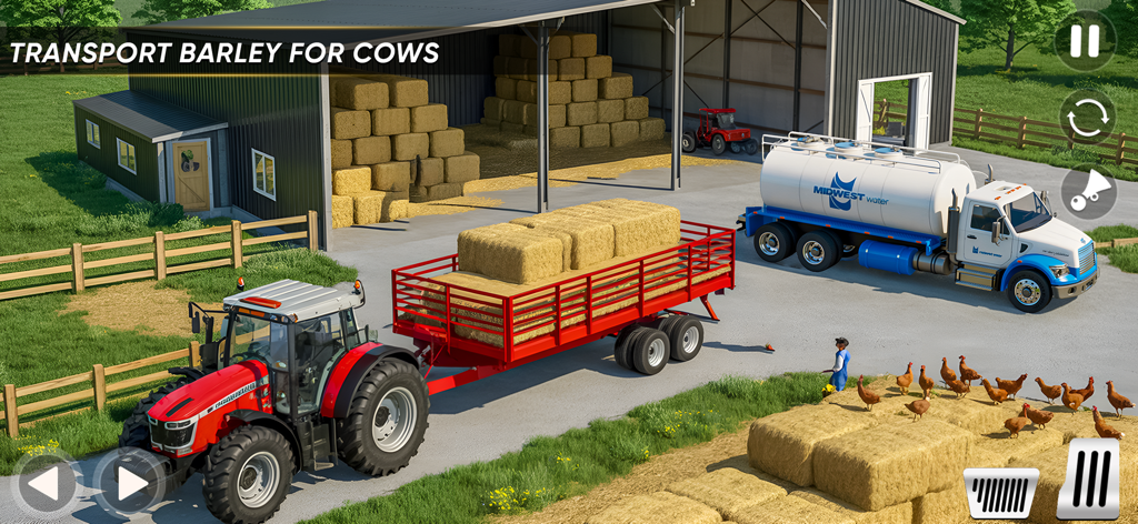 Farming Tractor Game Simulator - A red tractor hauling hay bales on a farm next to a water tanker truck