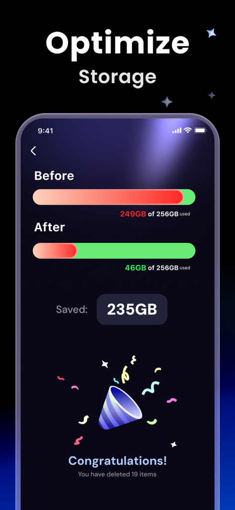 Clean Storage Now：AI Cleanup - Pantalla de la aplicación Clean Storage Now mostrando una comparación del espacio de almacenamiento antes y después de la optimización con 235GB ahorrados.