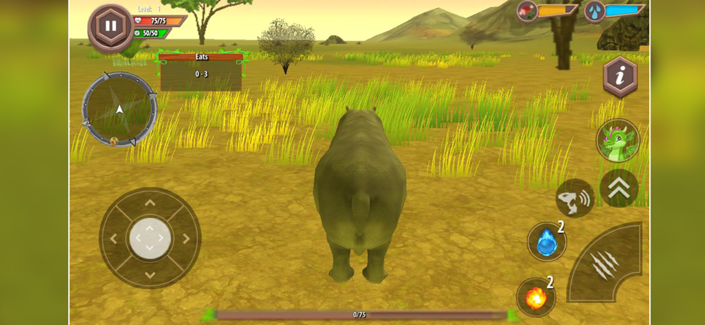 Beast Lion Animal Simulator 3D - Gameplay screen from Beast Lion Animal Simulator 3D showing an animal in a savanna environment with survival UI