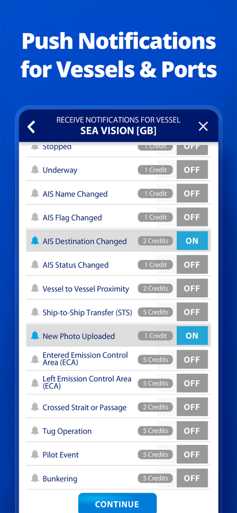 Interface of MarineTraffic app showing custom notification settings for a vessel including AIS changes and photo uploads