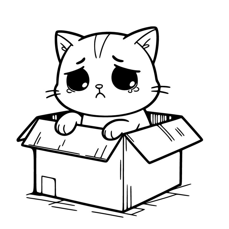 sad cat in a box
