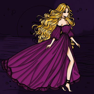 beautiful woman with a vaporous long dress walking on the beach at the noon, detailed art