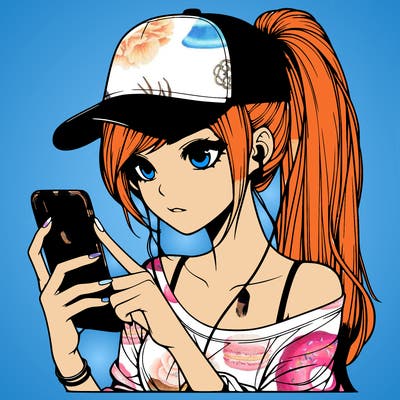 realistic girl with a long ponytail and trucker hat holding an iphone
