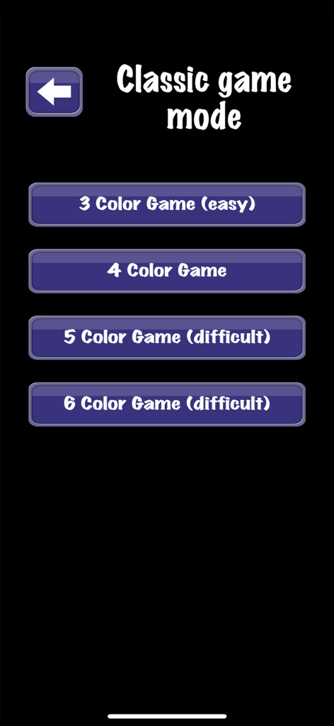 Bubble Shooter - Addictive! - Ein Menübildschirm für den klassischen Spielmodus von Bubble Shooter, der Schwierigkeitsgrade basierend auf der Anzahl der Blasfarben zeigt.