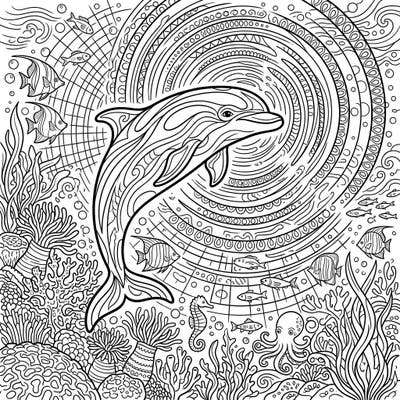 Discover the wonders of the ocean with this intricate dolphin echolocation coloring page. Perfect for teens, it features a majestic dolphin amidst swirling sound waves and a vibrant underwater ecosystem.