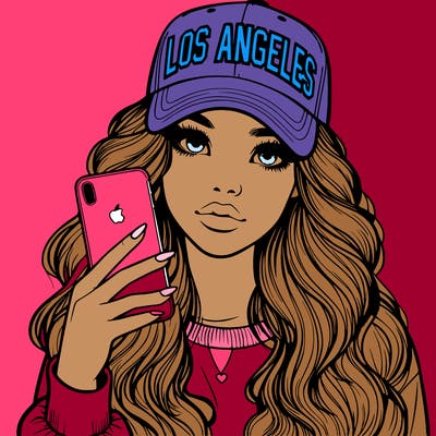 realistic beautiful girl wearing los ángeles cap holding an iphone