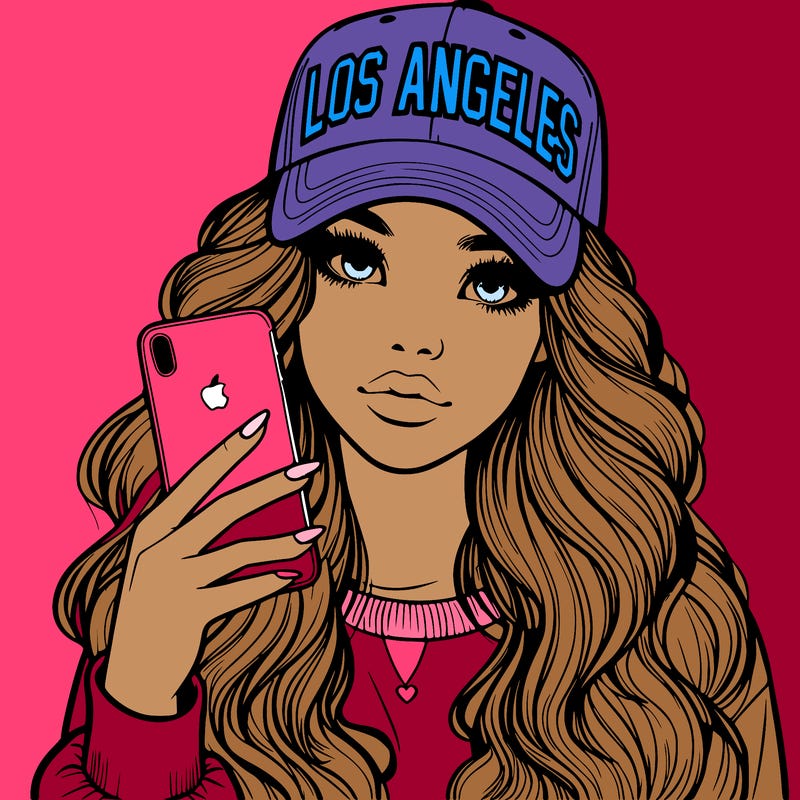 realistic beautiful girl wearing los ángeles cap holding an iphone