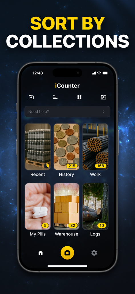 Mobile app interface showing counted objects organized into collections like Warehouse, Work, and History