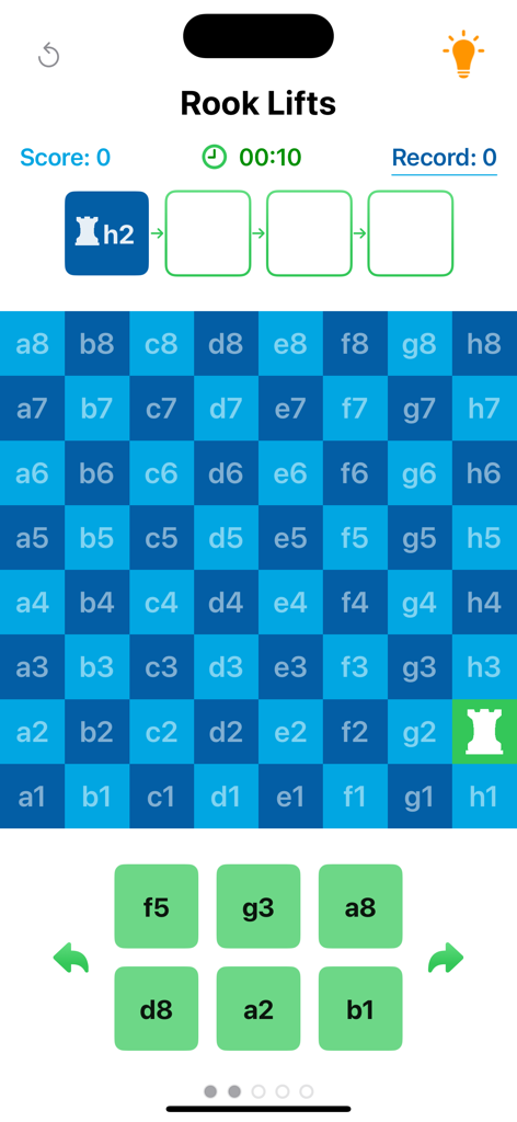 Chess Notation Lab Pro - Interface of the Chess Notation Lab Pro app showing a Rook Lifts visualization drill on a coordinate labeled chess board.