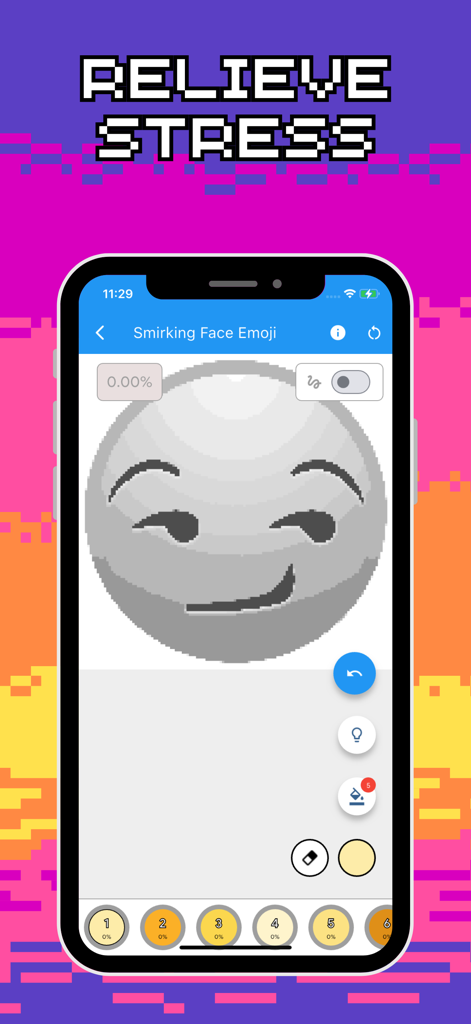 Color by Number: Paint & Draw - Teléfono inteligente mostrando un emoji pixel art con una mueca en una aplicación de coloreado por número para aliviar el estrés.