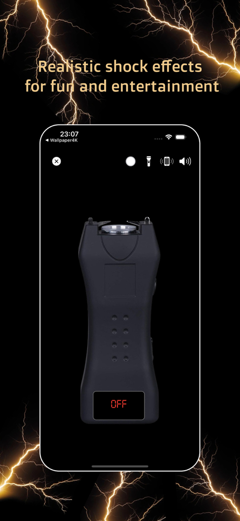 Electric Shock Gun Funny Prank - Mobile app screen showing a realistic stun gun simulator for pranks
