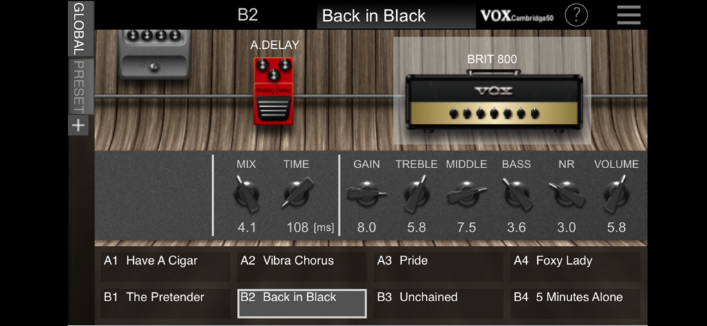 Tone Room - Interface of the VOX Tone Room app showing a virtual BRIT 800 amplifier and guitar effect presets