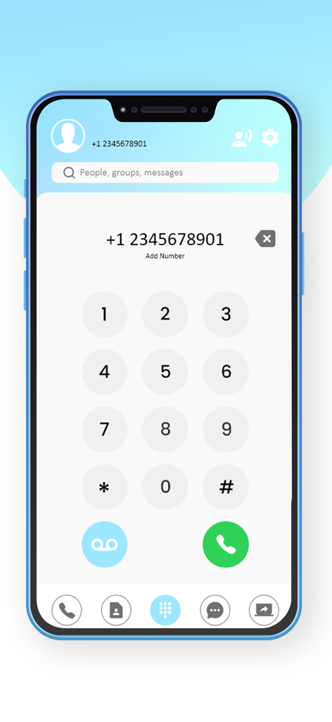 Call AI - Interfaz de la aplicación Call AI que muestra un teclado de marcación telefónica con una barra de búsqueda e iconos de navegación.