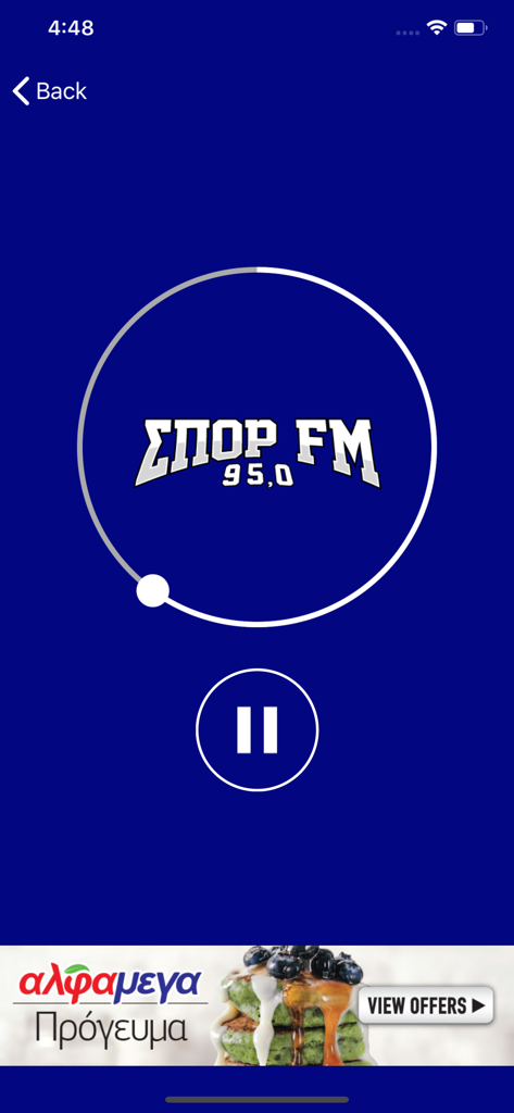Radio Live Cyprus app player interface showing the Sport FM 95.0 station with a pause button
