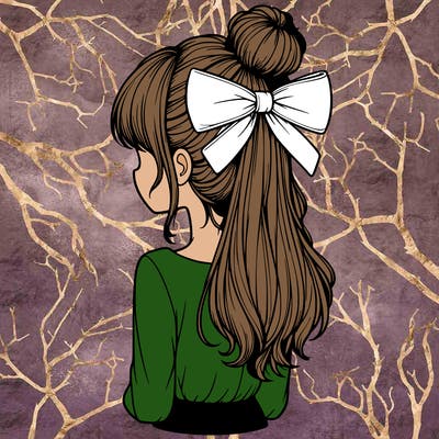 realistic girl  with hip length hair a bun and a big bow on the back of head
