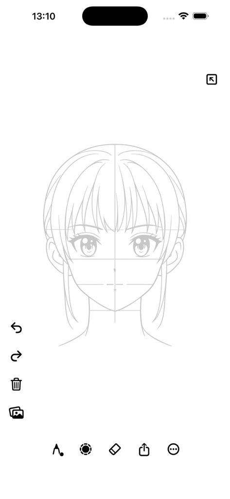 Anime-Charakter-Zeichenvorlage in einer Zeichen-App-Oberfläche