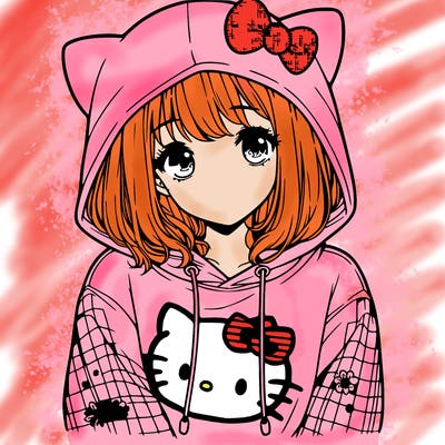 a girl wearing a hello kitty sweater with hood also realistic