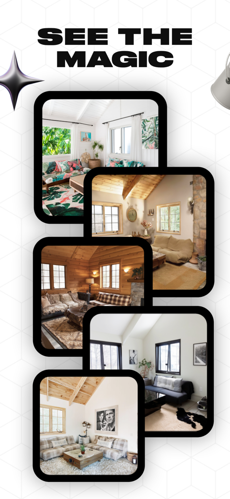 Un collage de varios estilos de diseño de interiores de salas de estar reimaginados usando la aplicación Home AI