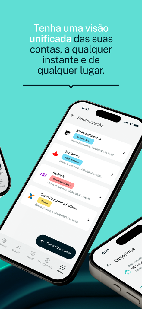 S1NC: Planejamento Financeiro - S1NC app screen showing synchronized bank and investment accounts for a unified financial overview