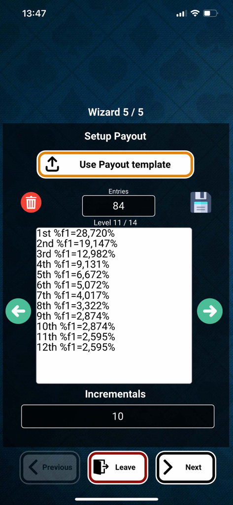Setup payout screen in the Bullets Poker Clock app showing tournament prize distribution percentages