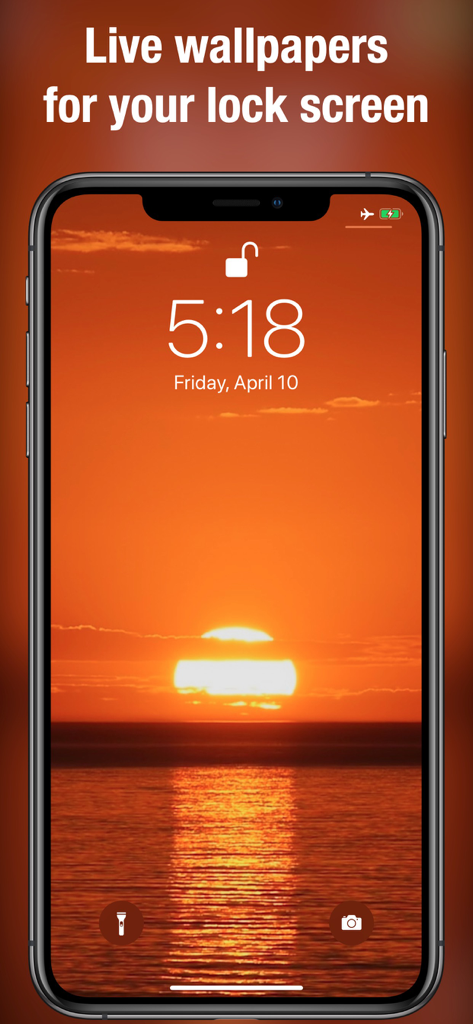 Live Wallpapers & Backgrounds+ - iPhone lock screen showing a golden sunset live wallpaper