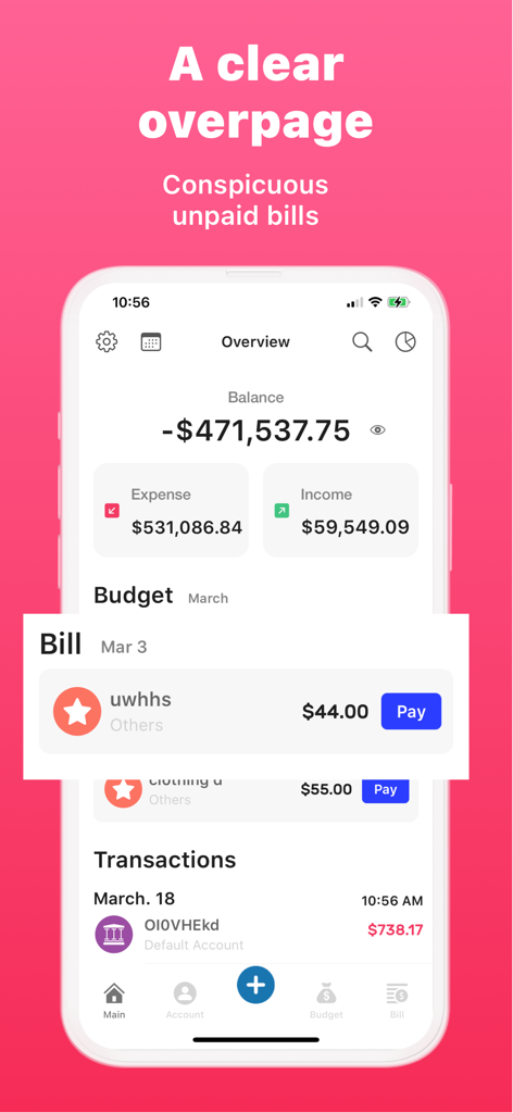 Money Manager: Budget Expense - Money Manager app interface showing financial overview balance and pending bill notifications