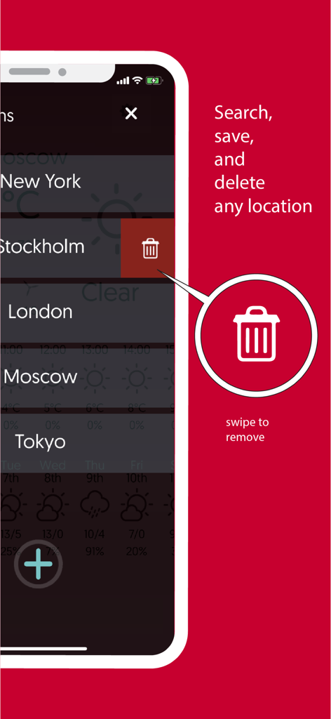Rain / Shine - Interface da aplicação de meteorologia Rain or Shine a mostrar uma lista de cidades guardadas e uma funcionalidade de deslizar para apagar com um ícone de lixo.