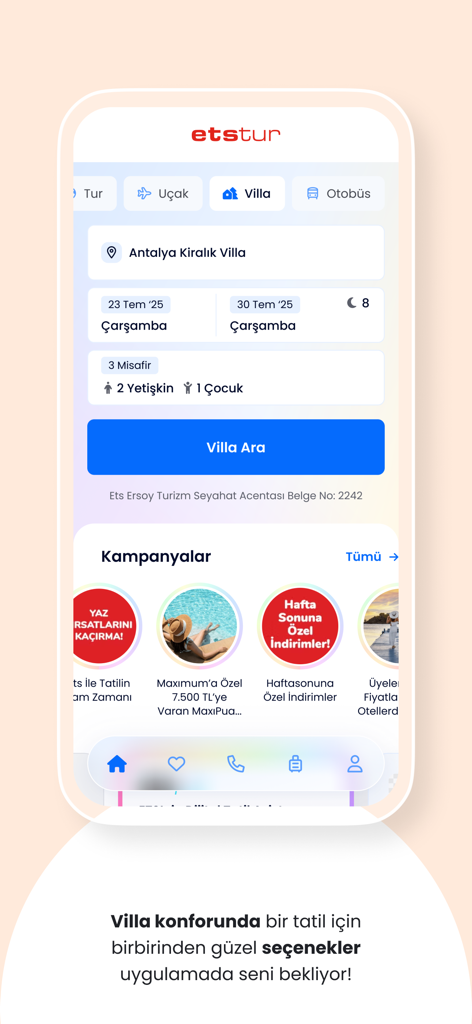 Etstur mobile app interface for searching and booking villas in Antalya Turkey