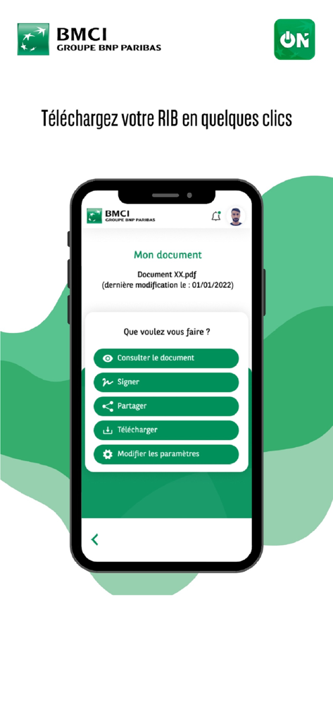 BMCI ON - Oberfläche der BMCI ON App, die Optionen zum Anzeigen, Signieren, Teilen und Herunterladen einer Bankidentitätsbescheinigung RIB anzeigt