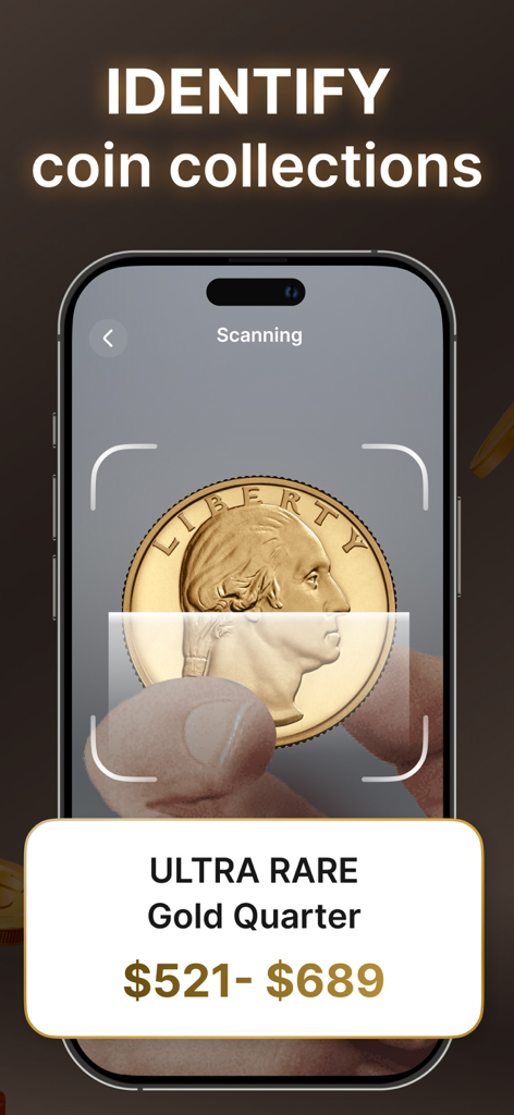 Un smartphone usando la aplicación Identificador de Monedas para escanear un cuarto de dólar de oro y mostrar su valor de mercado