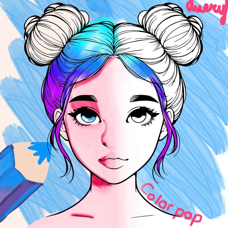 realistic girl with two buns on top of her head