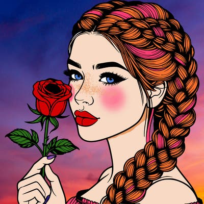 realistic woman with braids holding a single rose