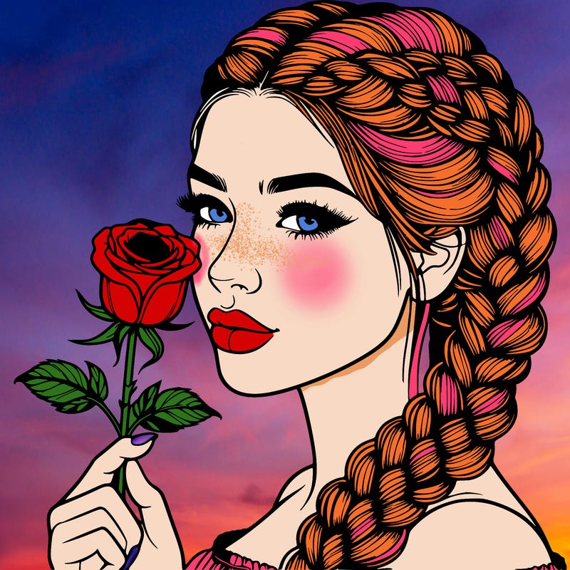realistic woman with braids holding a single rose