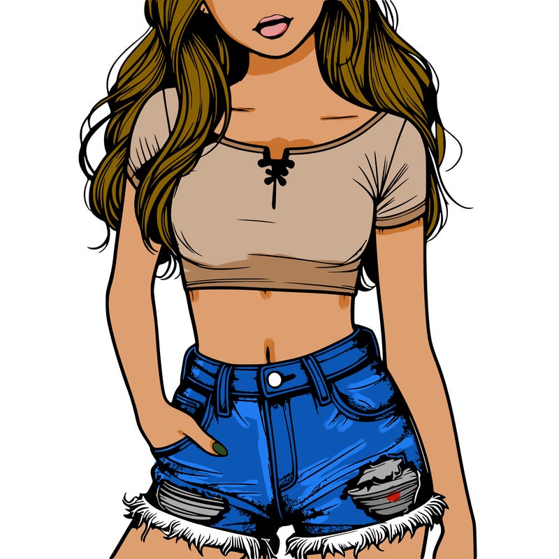 realistic girl with a crop top and ripped jean shorts